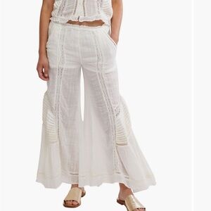 Free People White Gauze Wide Leg Cropped Pants with Lace Inset